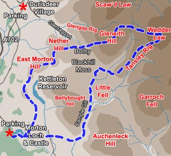 Map of a walking route from Morton Castle to Glenleith Hill and Wedder Law