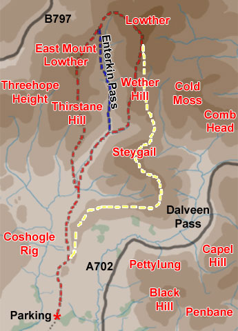 Map of a hill walk route along the old bridle path towards Enterkin Pass in the Lowther Hills then over Thirstane Hill, East Mount Lowther (or Auchenlone), Lowther Hill, and Wether Hill 