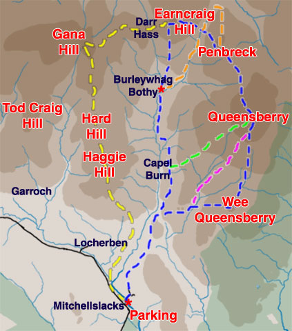 Map of a hill walk route from Mitchellslacks over Wee Queensberry, Queensberry, Penbreck and Earncraig and then back by Burleywag Bothy