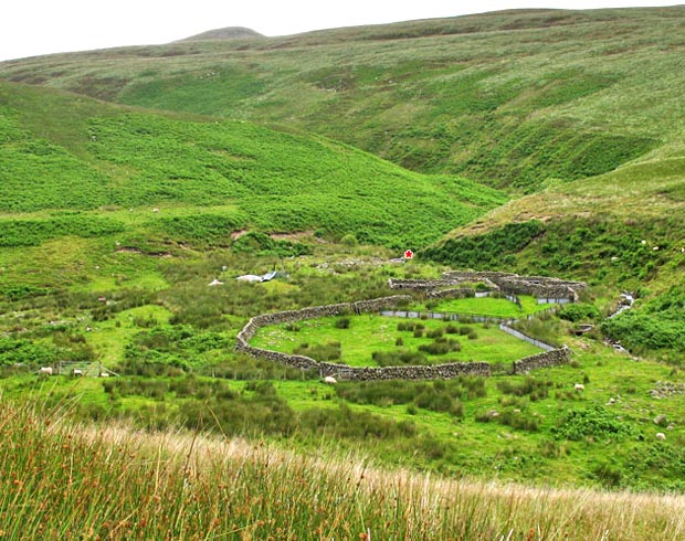 View of sheep pens on the way to Wee Queensberry