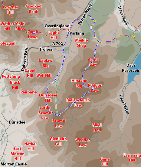 Map of a hill walking route over Comb Law, Rodger Law, Ballencleuch Law and Scaw'd Law