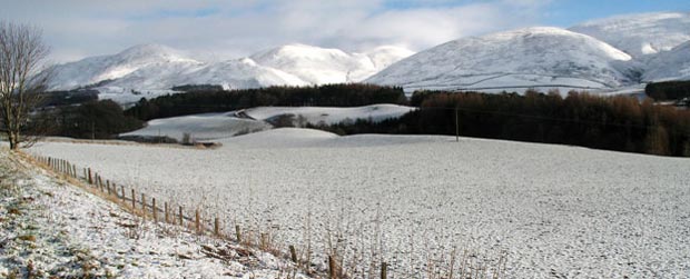 View from the A702 of the Durisdeer hills in snow