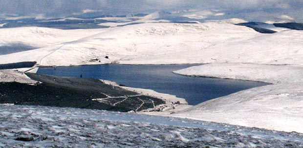 View of Daer reservoir with the Ettrick and Moffat hills beyond
