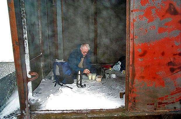 Brew up in the old hut near the top of Lowther Hill