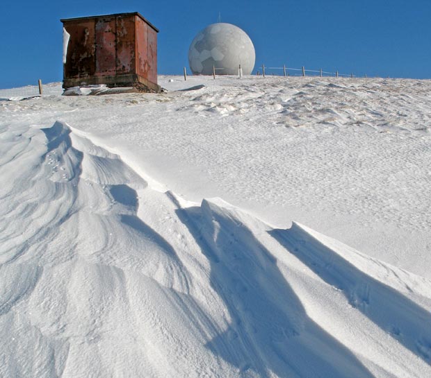 View of hut and the airways communications ball on top of Lowther Hill