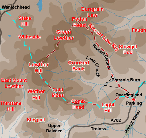 Map of a hill walk route over the Southern Upland Way route, taking in Comb Head, Cold Moss and Lowther Hill, returning by Green Lowther, Peden Head and Riccart Cleuch