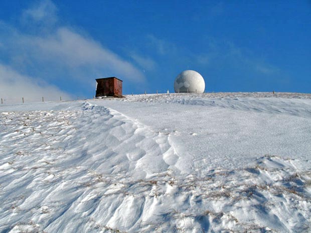 View of the old disused generator shed on the top of Lowther Hill