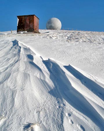 View of the old disused generator shed on the top of Lowther Hill