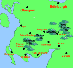 Map of Southern Scotland showing the main hill ranges - Galloway  Hills, Scaur Hills, Lowther Hills and West Borders Hills