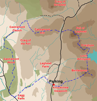 Map of a hill walking route from Knocktinkle viewpoint by Loch Whinyeon, and Castramont Cleuch, returning by Castramont Wood