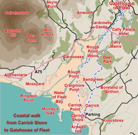 Map showing the general area of Water of Fleet Bay and a walking route from Carrick Shore to Gatehouse of Fleet