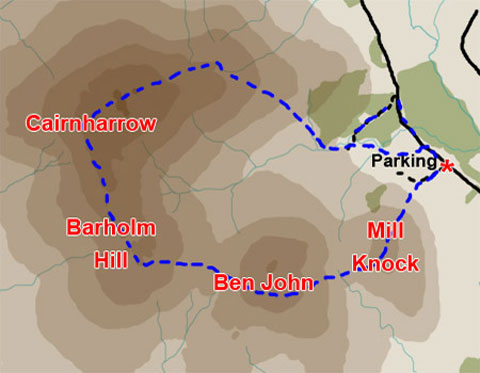 Map of a hill walking route over Ben John, Barholm Hill and Cairnharrow