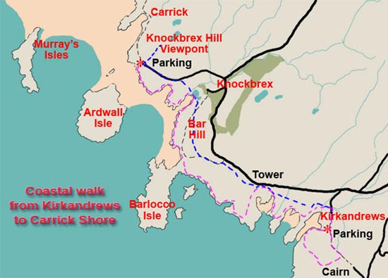 map of a coastal walking route from Kirkandrews to Carrick Shore