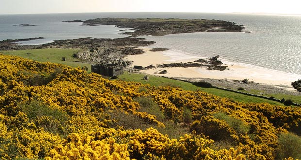 View from Bar Hill over the Victorian bathing huts towards Barlocco Isle