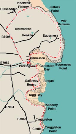 Map of a coastal walk among Mulberry Harbour remains around Garlieston, Wigtownshire