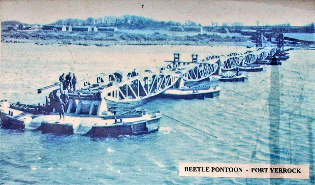 Wartime picture showing how the "beetles" were used to make pontoons