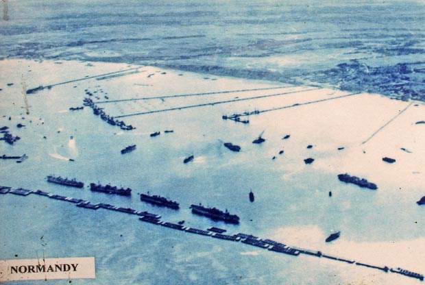Aerial view of the Mulberry Harbours in use at the Normandy landings