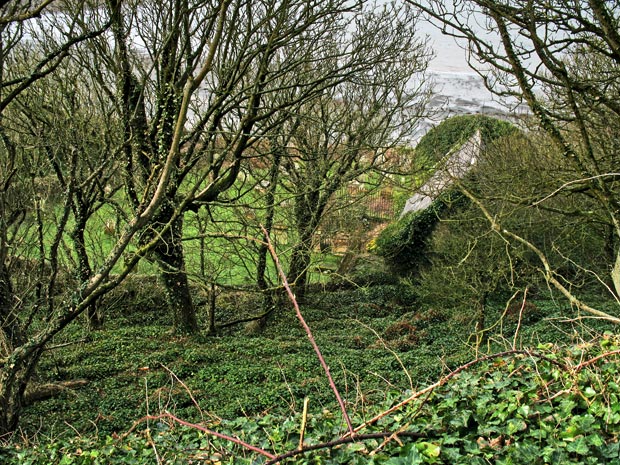 View down into the graveyard at Kirkmaiden Church from the single track road that goes down to Point of Lag.