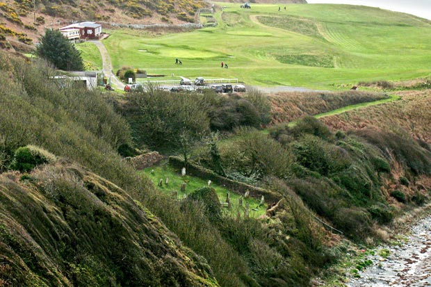 View over Kirkmaiden graveyard towards st Medan's Golf Course.