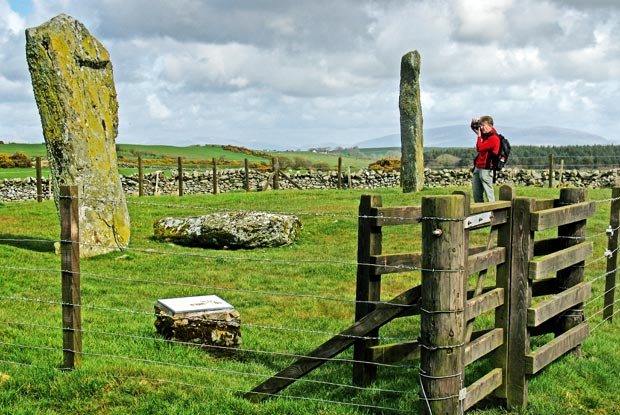 View of the Standing Stones of Drumtroddan with Cairnsmore of Fleet in the distance.