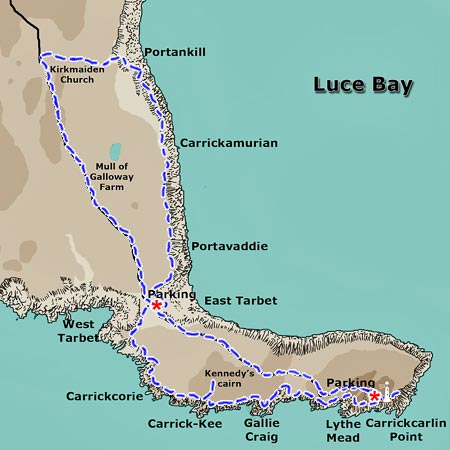 Map of a coastal walk to the lighthouse at the end of the Mull of Galloway