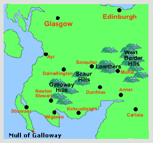 Map of southern Scotland showing location of Mull of Galloway
