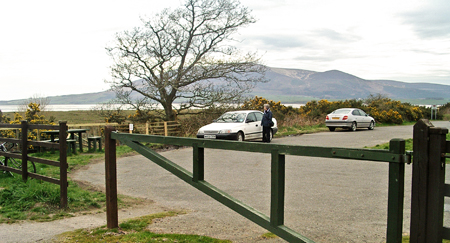 View of car park at Castle Corner Caerlaverock with Criffel and Knockendoch in the distance