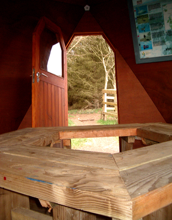 Coffin shaped doorway of the hide in Castle Wood Caerlaverock