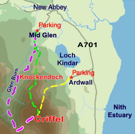 Map of walking routes from Glen Head and Ardwall to the summit of Criffel
