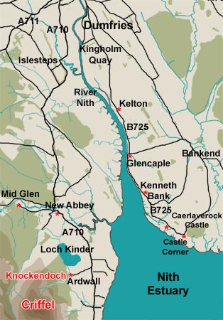 Map of walking routes on the east bank of the River Nith