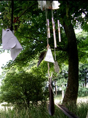 Religious parphernalia hanging on trees at St Queran's Well near Islesteps