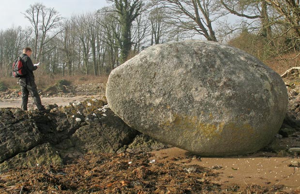 View of the Devil Stane on the shore at Arbigland