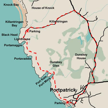 Map of a walk from Portpatrick to Killantringan Bay, returning by the Southern Upland Way