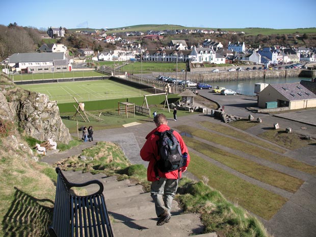 View over bowling green and harbour car park towards Portpatrick