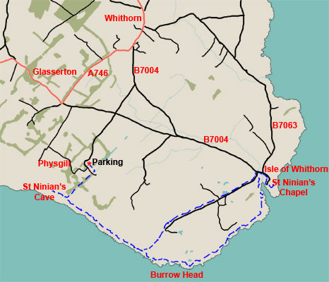 Map of a coastal walk from St Ninian's Cave to Isle of Whithorn