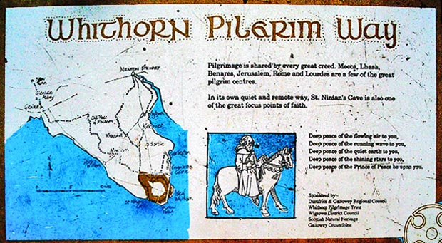 Information board about Whithorn Pilgrim Way by the carpark at Physgill