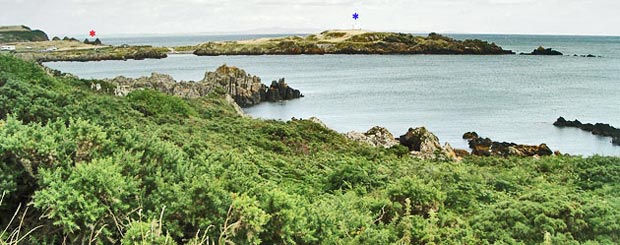 View showing the location of the white tower and St Ninian's Chapel as we approach Isle of Whithorn