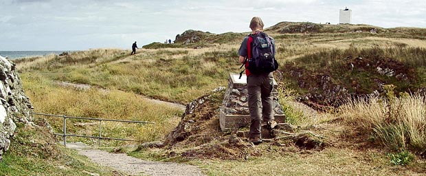 View from the information board near St Ninian's Chapel towards the white tower