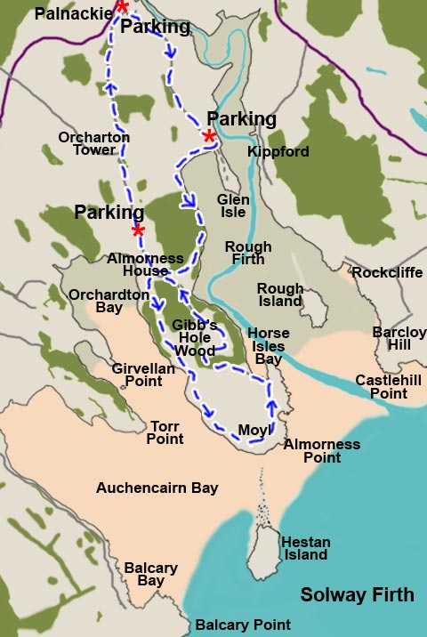Map of a walk in East Stewartry National Scenic area from Palnackie to Almorness Point