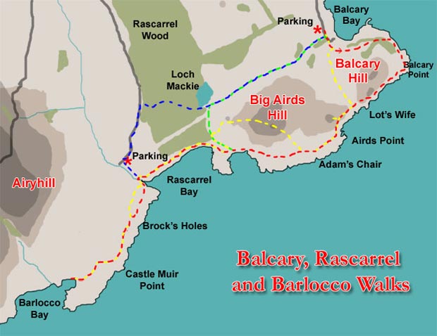 Map of a linear coastal walking route along the Solway from Balcary Bay to Rascarrel Bay and then to Barlocco Bay in the East Stewartry National Scenic Area 