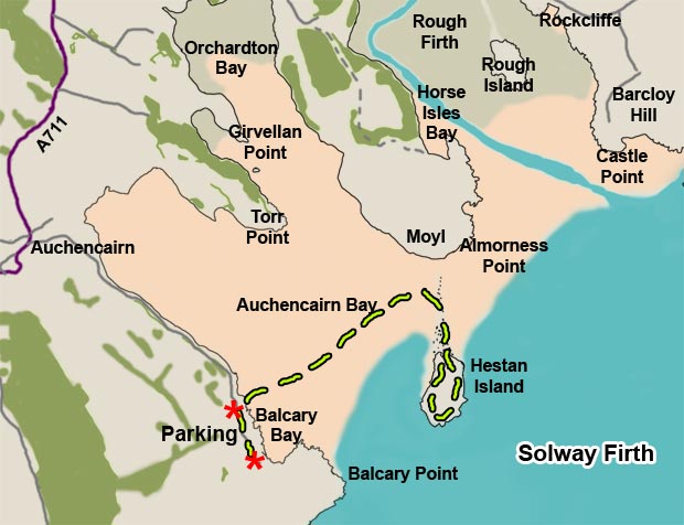 Map of a coastal walk in East Stewartry National Scenic area from Portling to Castle Point
