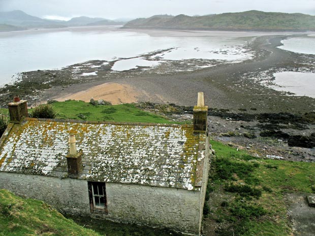 View from above the house on Hestan Island looking over the causeway to Almorness peninsula.