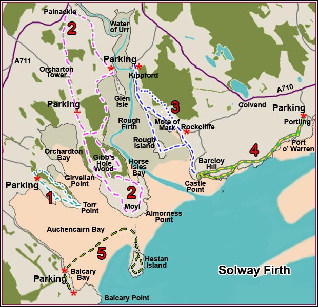 Map showing walking routes in East Stewartry National Scenic Area