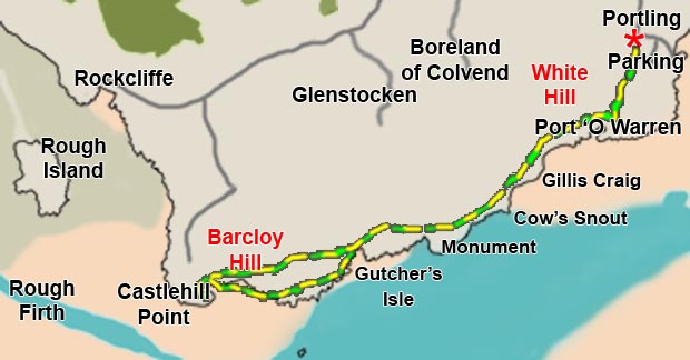 Map of a coastal walk in East Stewartry National Scenic area from Portling to Castle Point