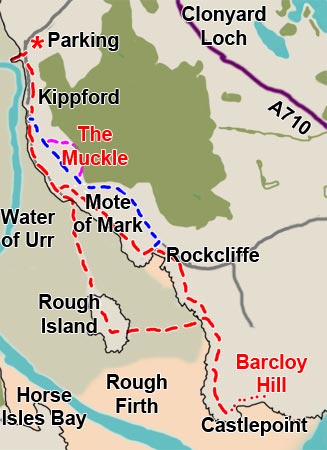 Map of a coastal walk from Kippford to Rough Island, Castle Point and Rockcliffe.