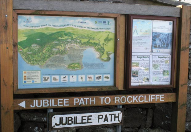 Jubilee Path sign beside The Ark, Kippford - with map containing information about the area.