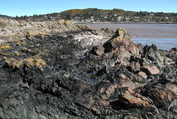 Rocky shore on east side of Rough Island with Rockcliffe beyond.