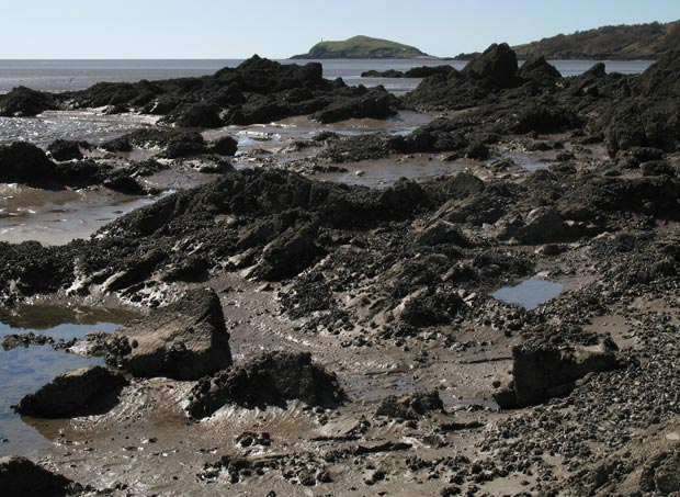 Rock and mud on the east shore of Rough Island with Hestan Island beyond.