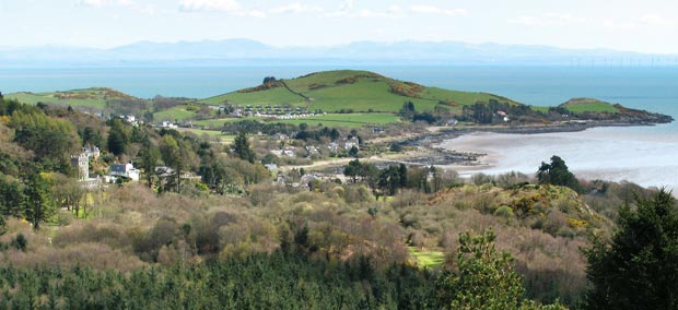 View of Barcloy Hill, Castle Point Hill, Solway Firth and Lak District from The Muckle.