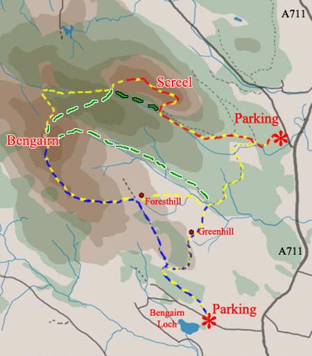 Map showing various routes onto Screel and Bengairn